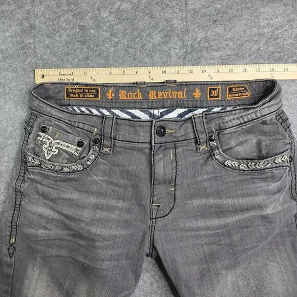 Rock Revival Kleven Relaxed‎ Straight Denim Jeans Mens 36 x 28 Gray